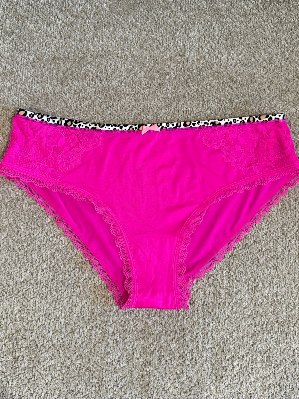 Hot Pink Lace-Trim Panty with Leopard Waistband